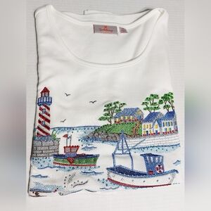 White Quacker Factory rhinestone-t-shirt Lighthouse tug boat 1X